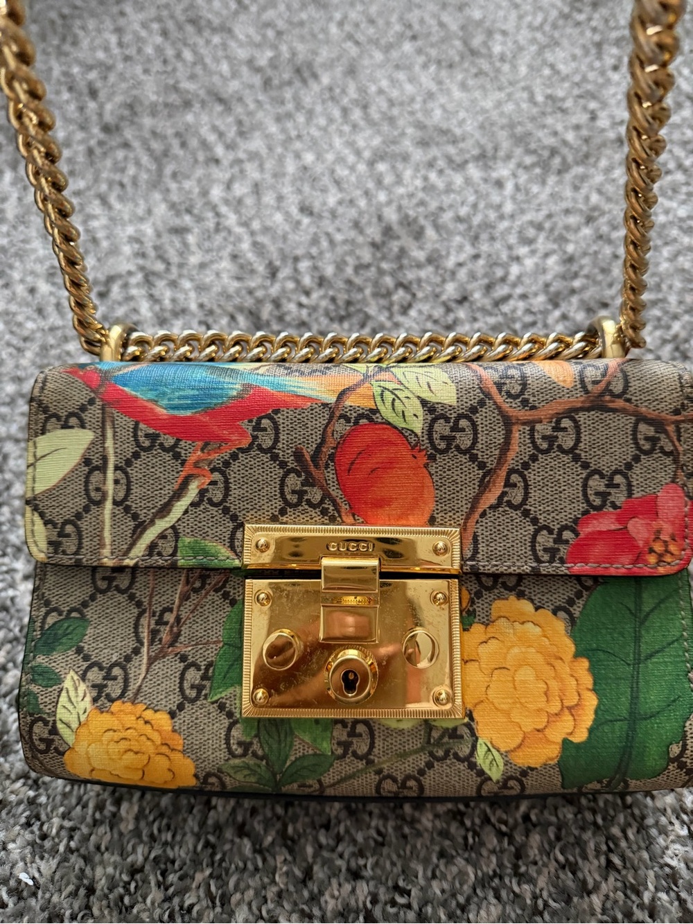 Gucci Floral GG Supreme Shoulder Bag in Brown, Gold, Red, Yellow, Green, Blue